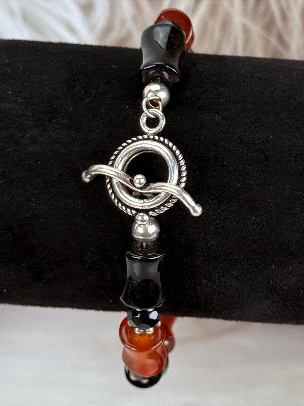 Bohemian Chic Black and Amber Beaded Silvertone Toggle Bracelet